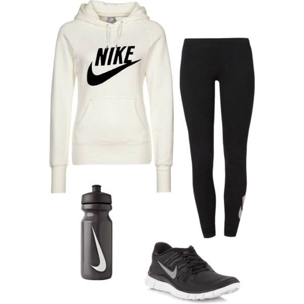 white hooded sweatshirt, sports leggings and cushioned shoes