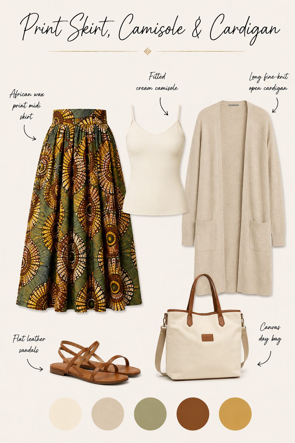 Print skirt with a plain camisole and cardigan