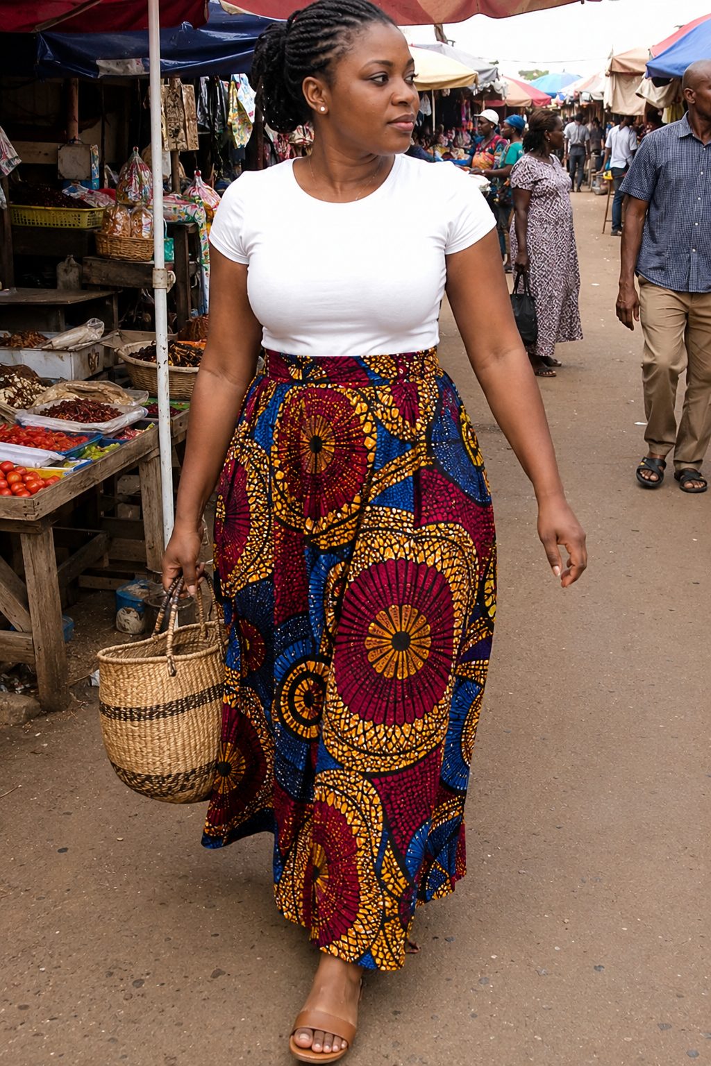 Ankara maxi skirt with a plain fitted tee