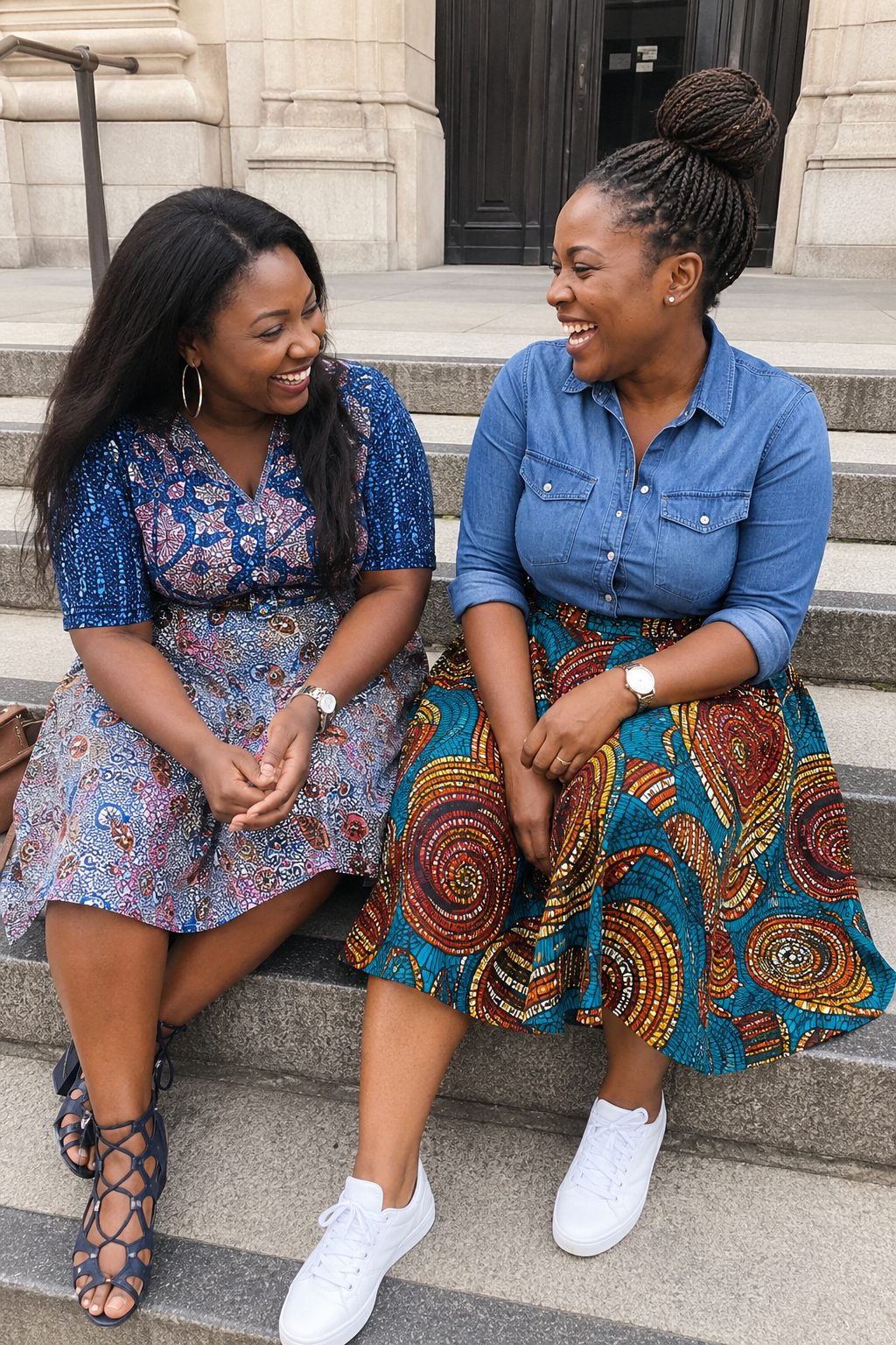 Wax print A-line skirt with a denim shirt