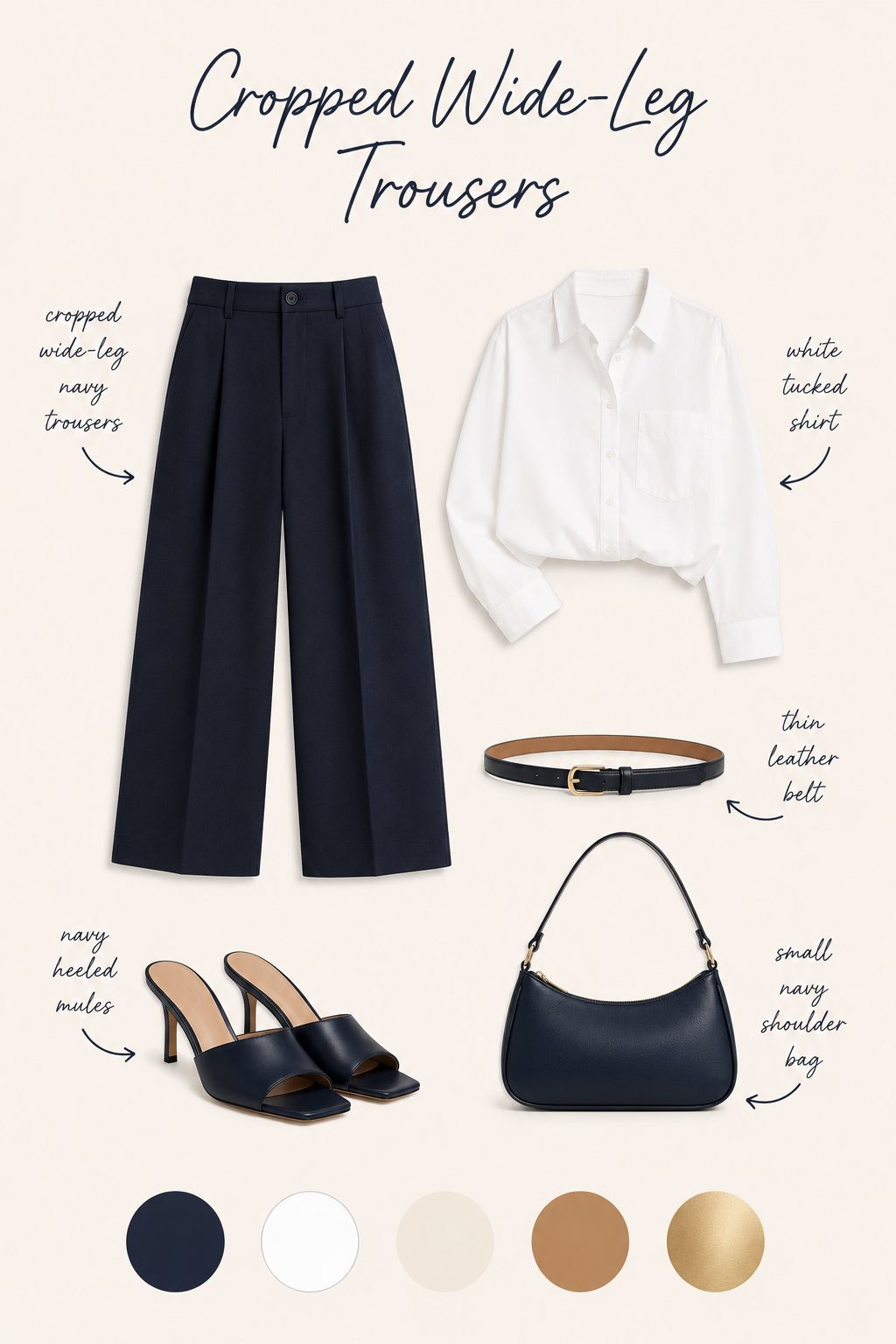 Cropped wide-leg trousers with a tucked shirt outfit collage