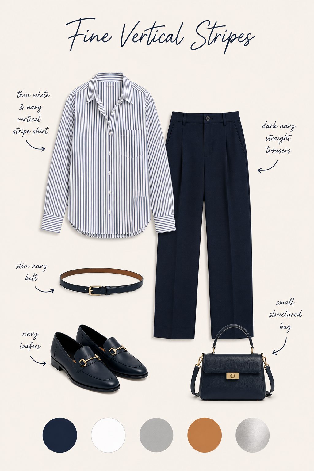 Fine vertical stripe shirt with dark trousers outfit collage