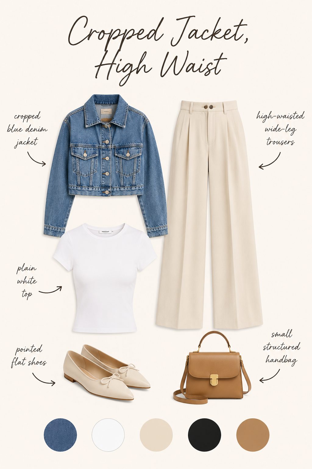 Cropped jacket with high-waisted trousers outfit collage