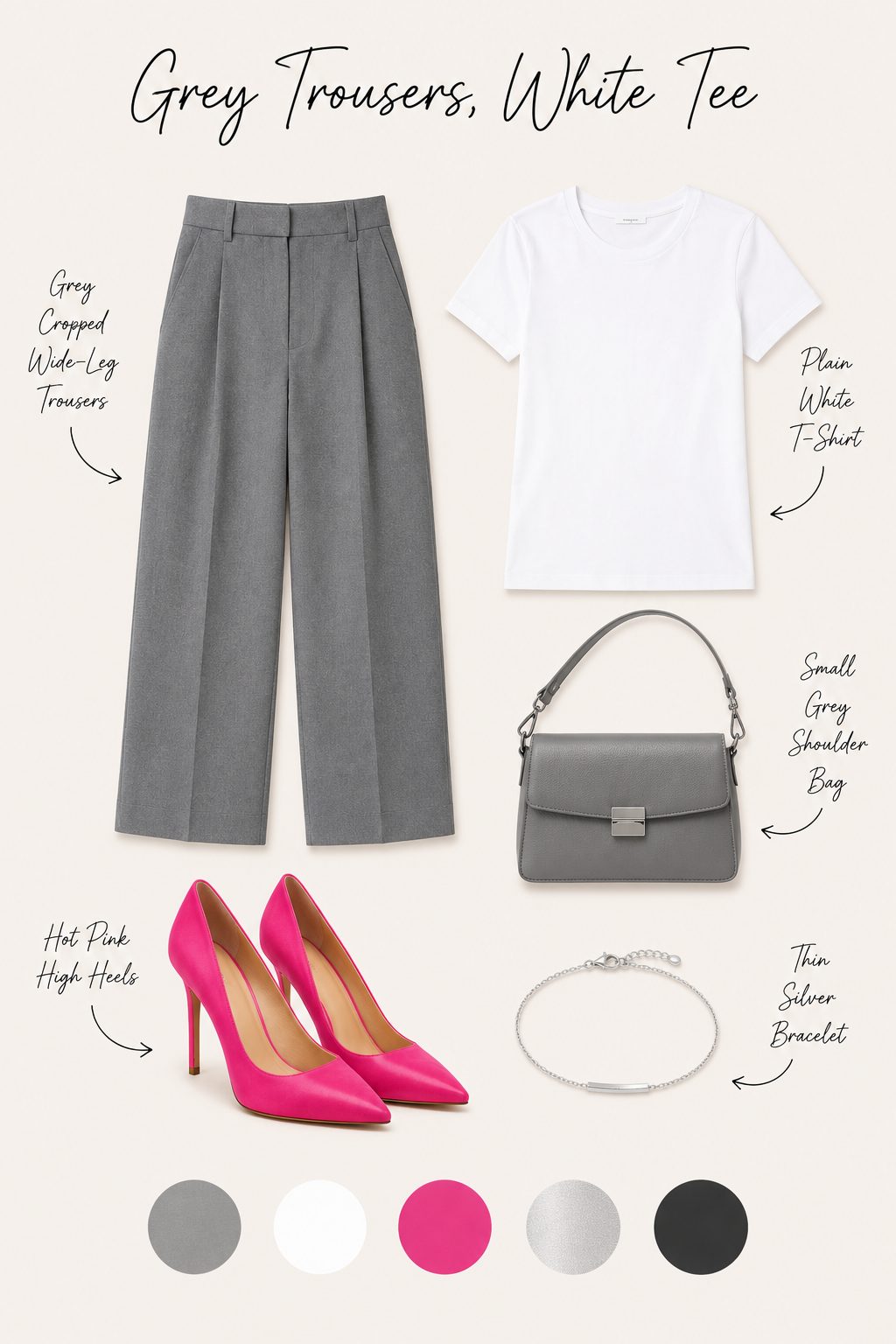 Grey trousers and a white tee with hot pink heels collage