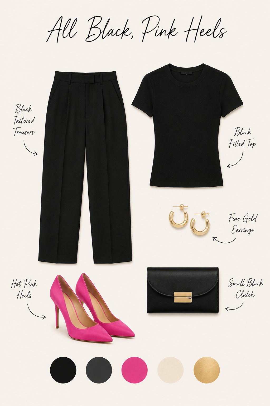 All black outfit with hot pink heels collage