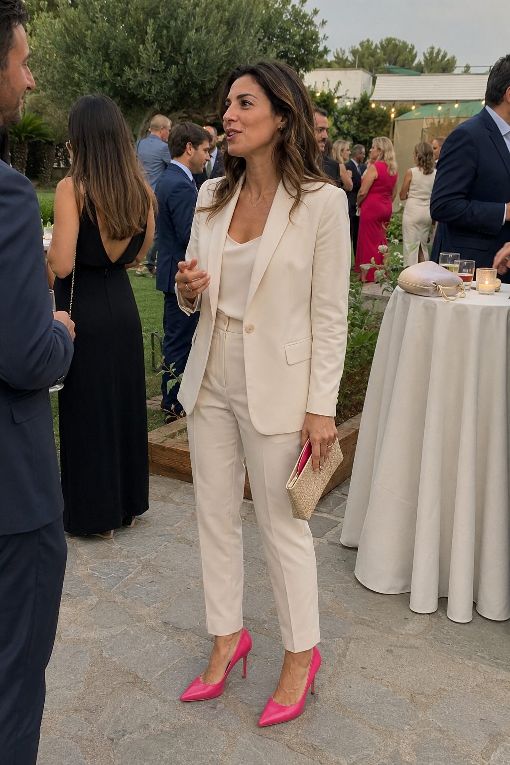 Cream suit with hot pink heels