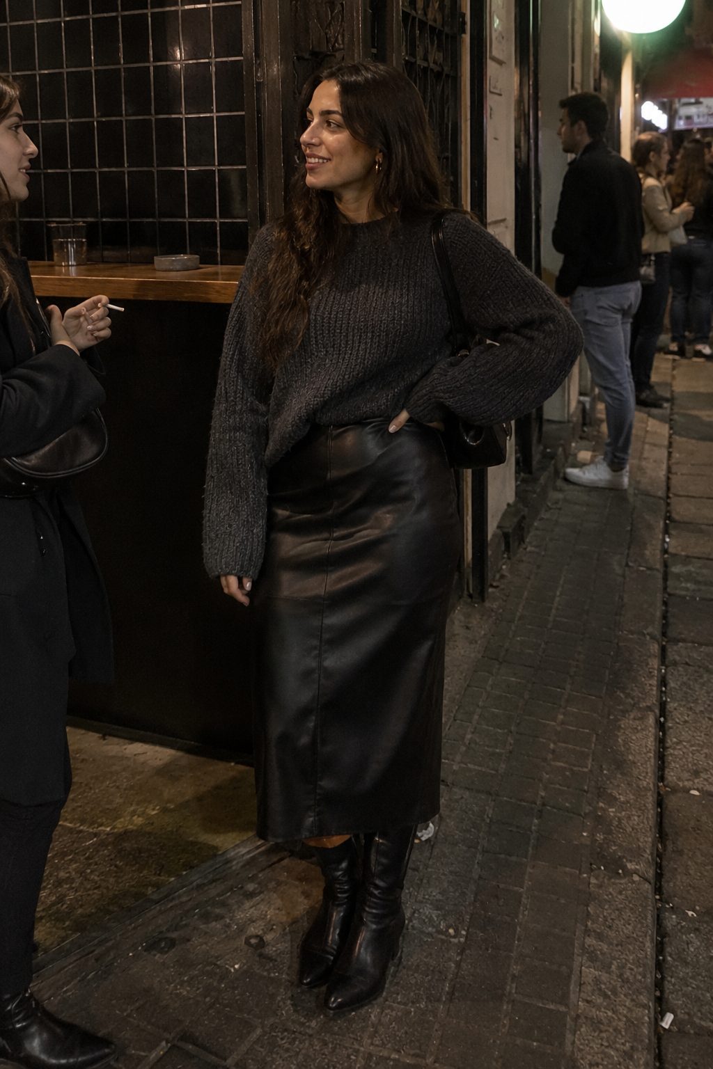 Chunky Knit With a Leather Midi Skirt