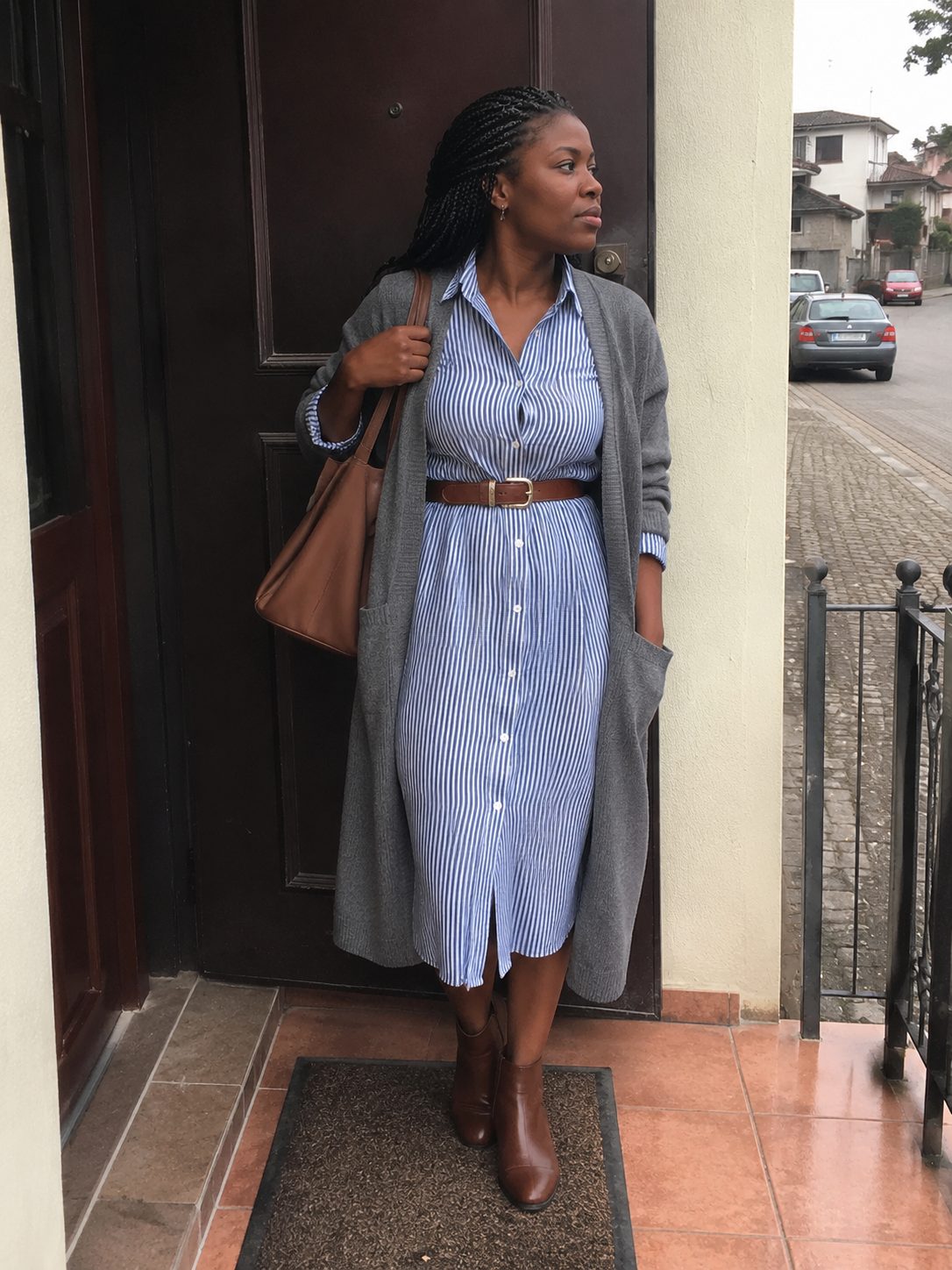 Cardigan Layered Over a Shirt Dress