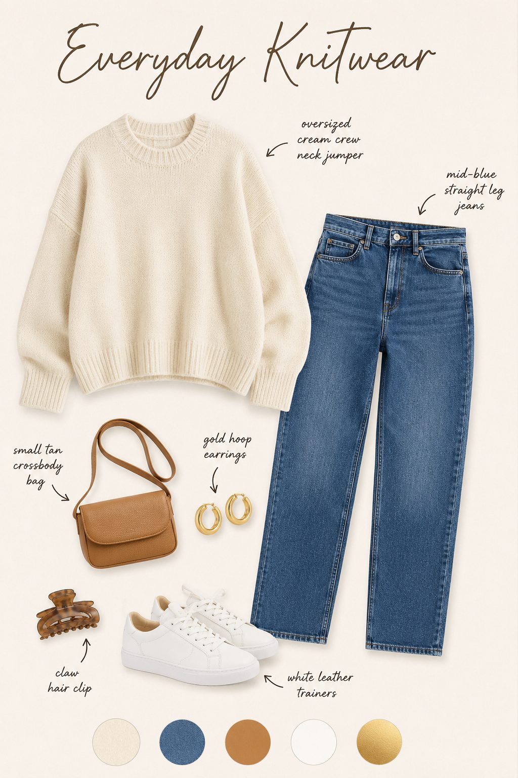 Everyday knitwear outfit collage with crew neck jumper, straight jeans, trainers and colour palette