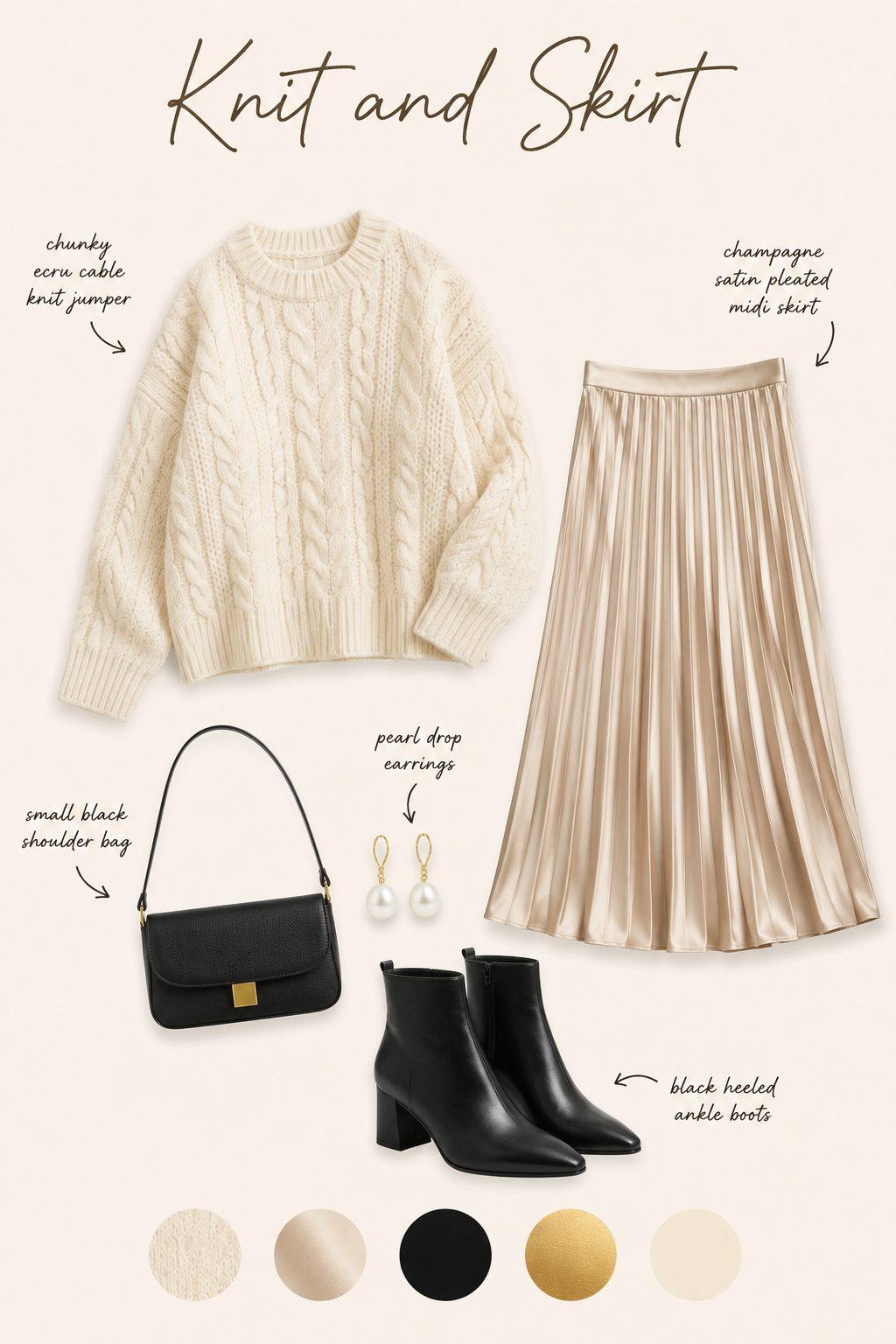 Knit and skirt outfit collage with cable knit, satin pleated midi and colour palette