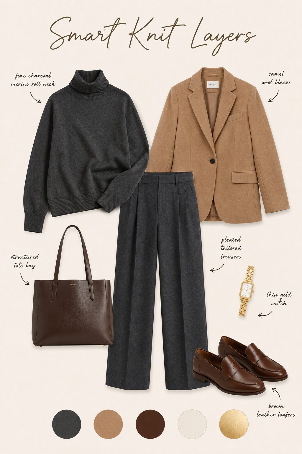Smart knit layers outfit collage with merino roll neck, wool blazer, tailored trousers and colour palette