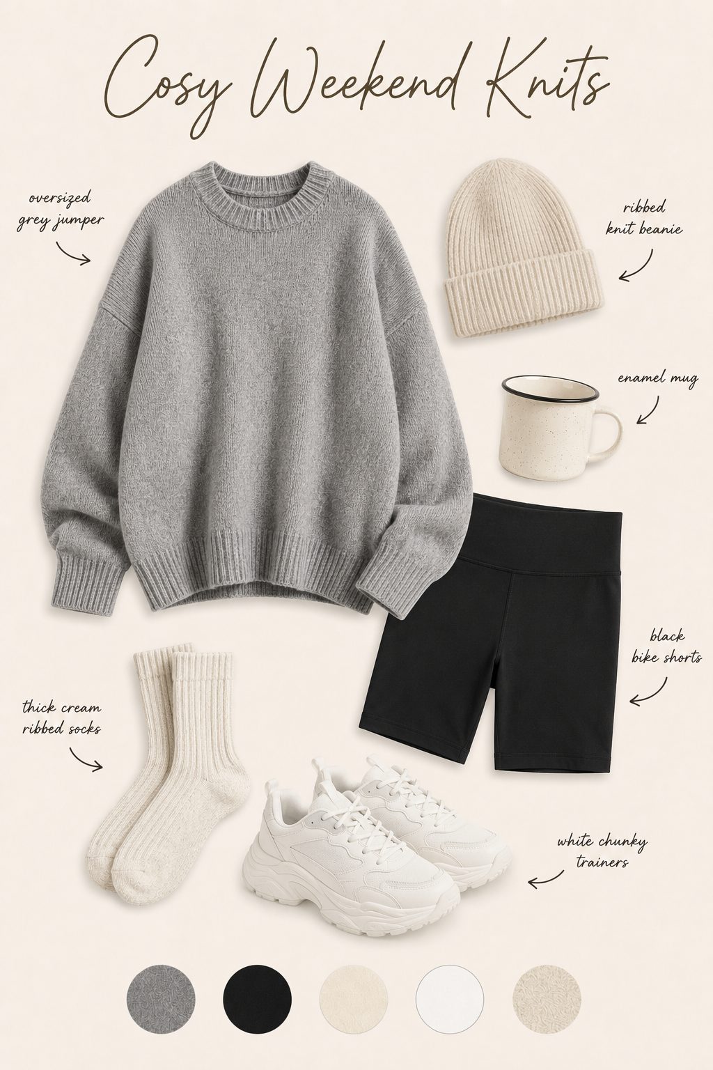 Cosy weekend knits outfit collage with oversized jumper, bike shorts, trainers and colour palette