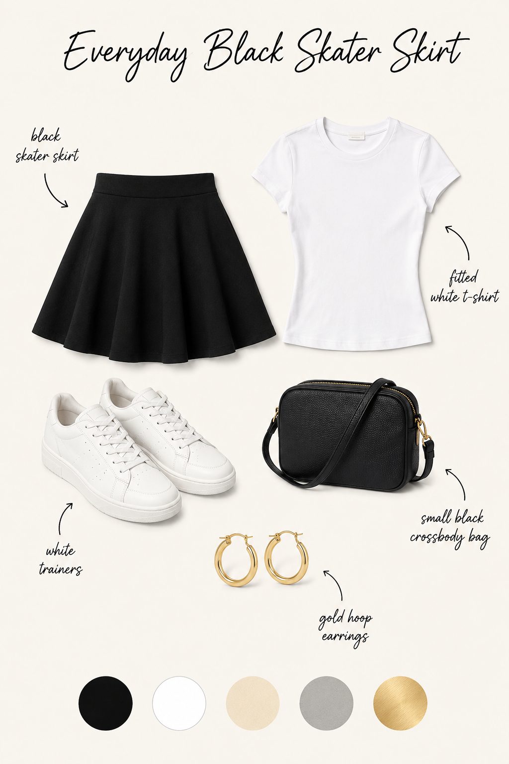 Everyday black skater skirt outfit collage