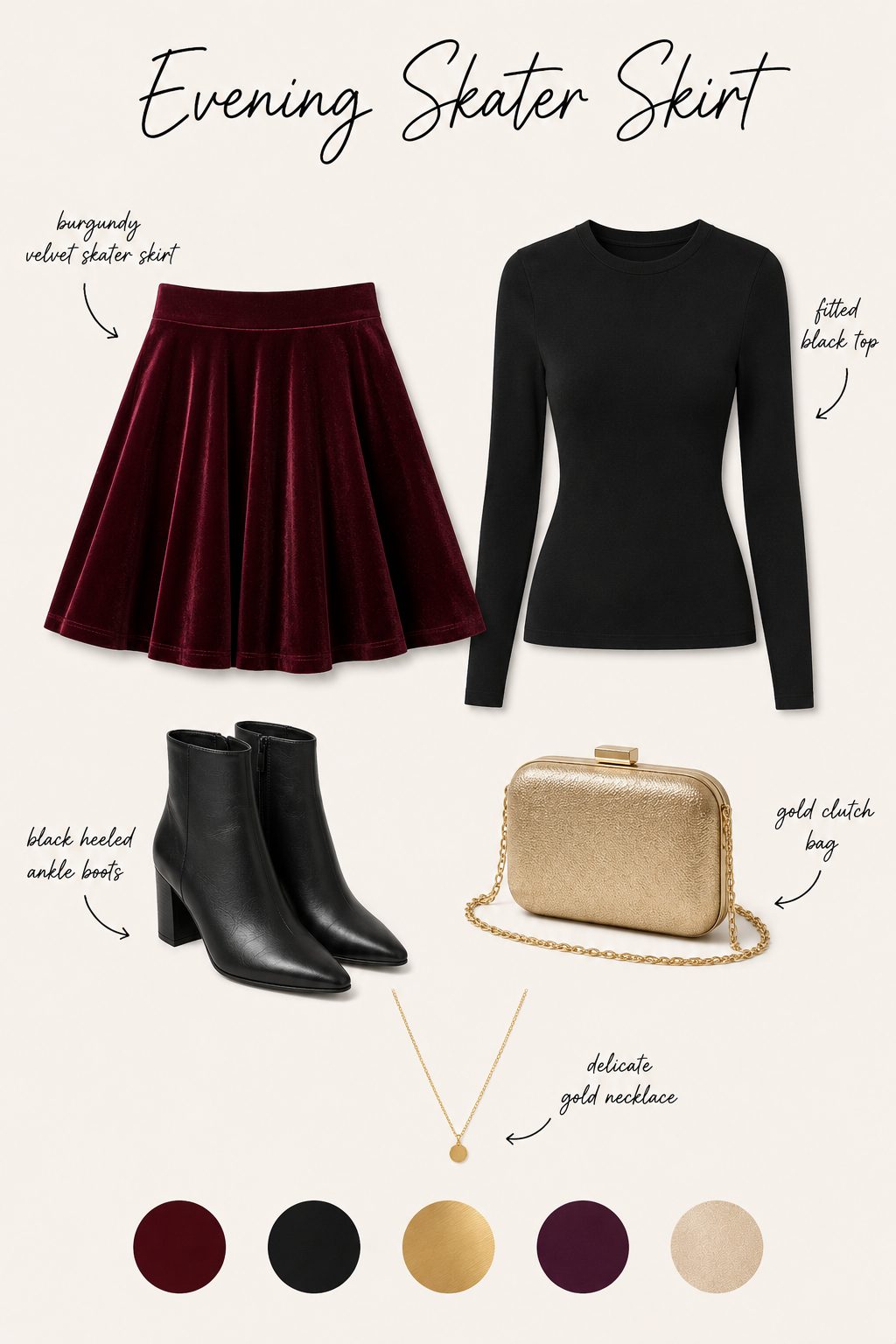 Evening skater skirt outfit collage