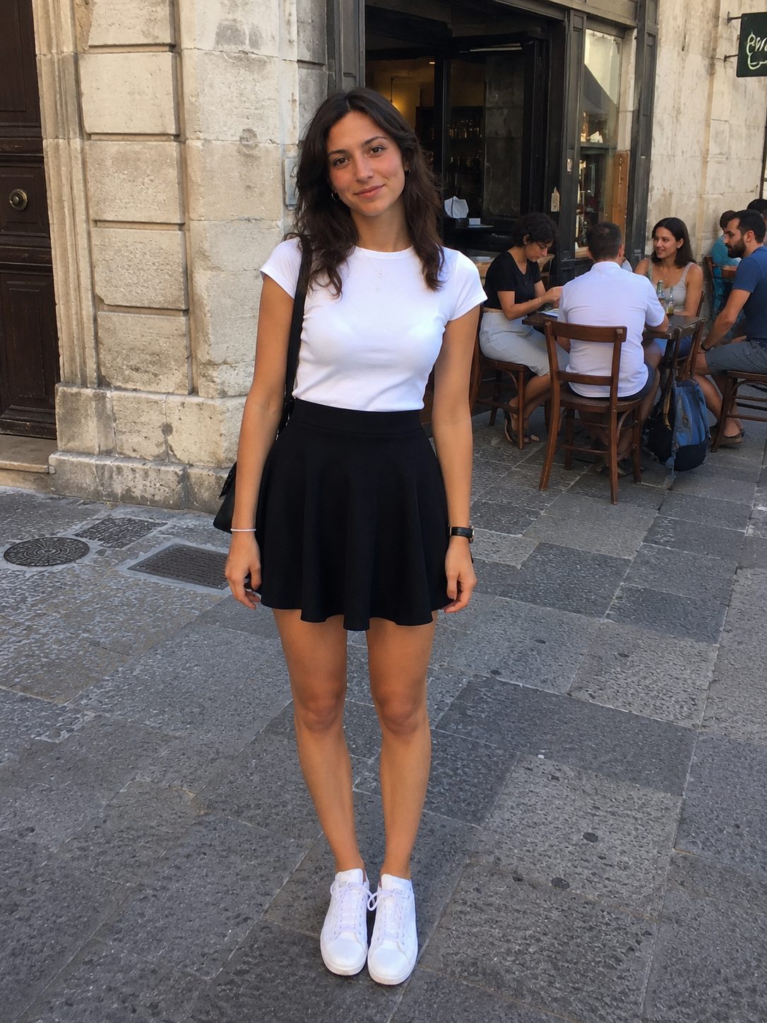 Black skater skirt with a fitted white tee