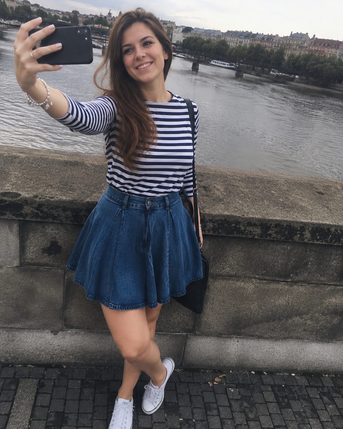 Denim skater skirt with a striped top