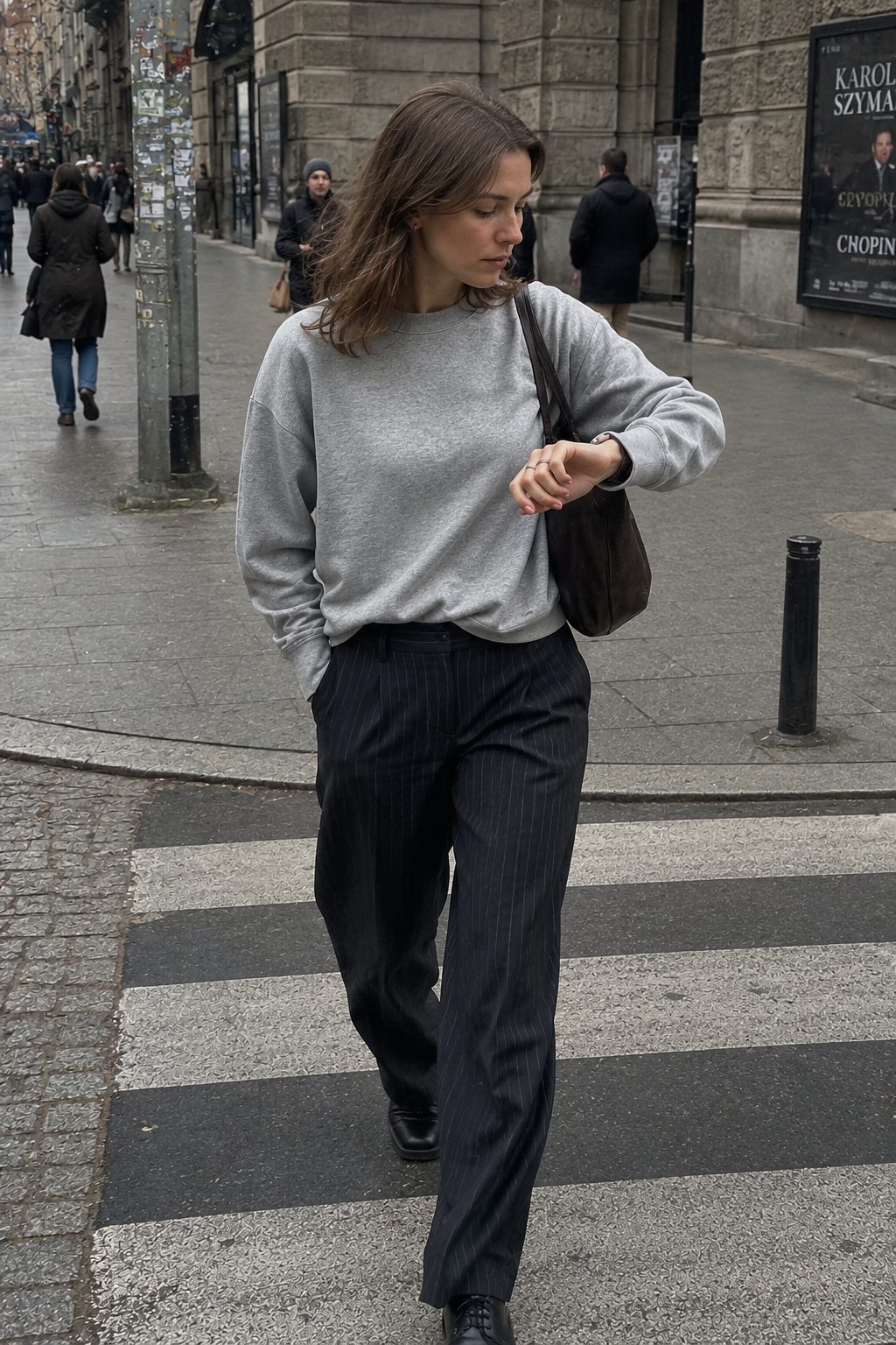 Pinstripe Trousers with a Grey Sweatshirt