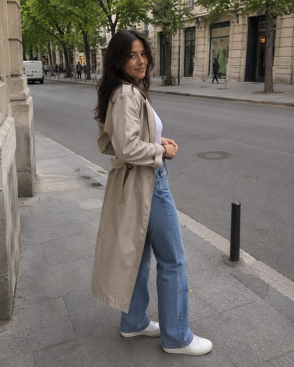 Trench Coat Over a White Tee and Jeans