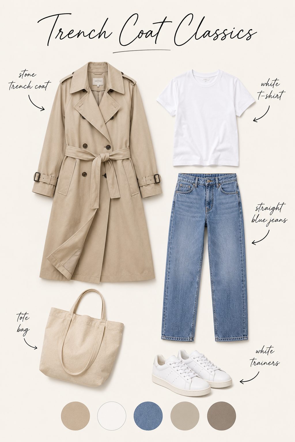 Trench Coat Over a White Tee and Jeans collage