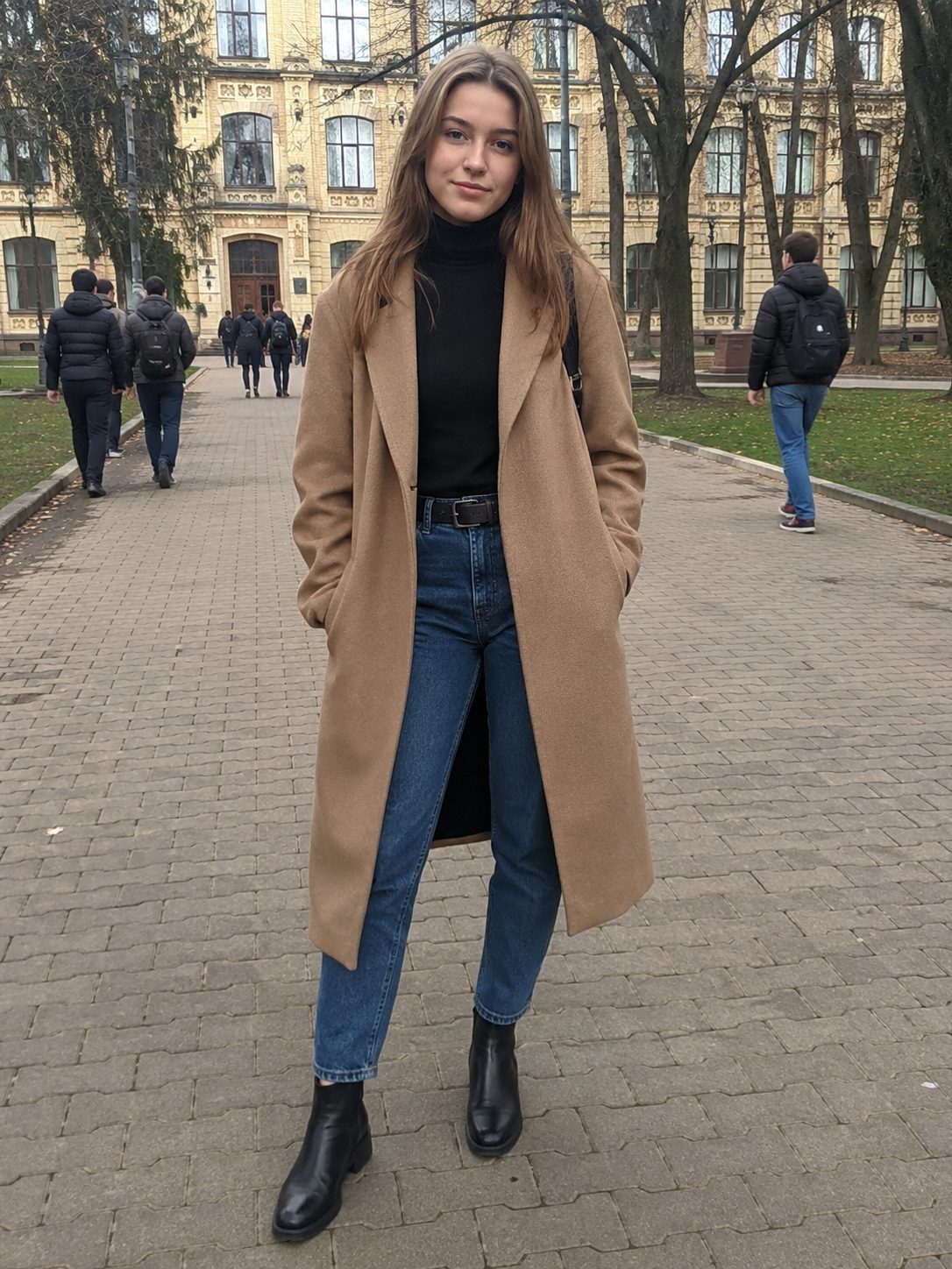 Long coat over a roll neck and jeans