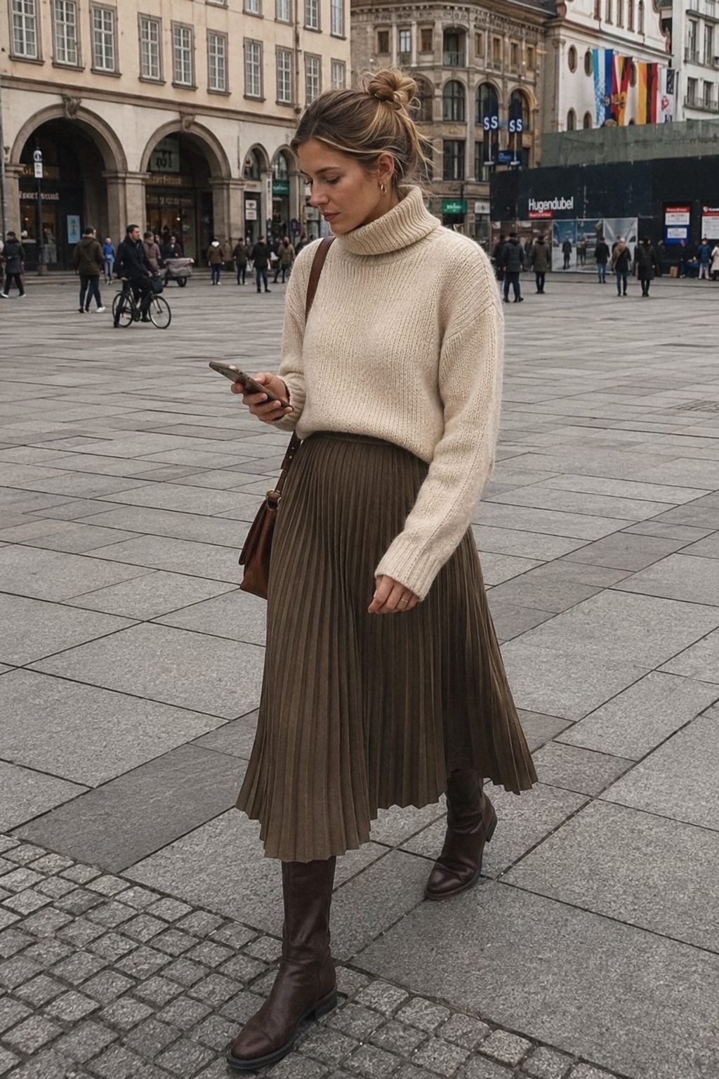 Chunky Turtleneck with a Pleated Midi Skirt