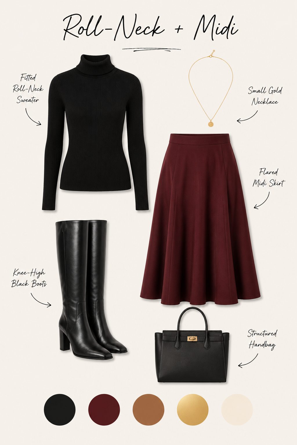 Roll-Neck Sweater with a Midi Skirt and Boots