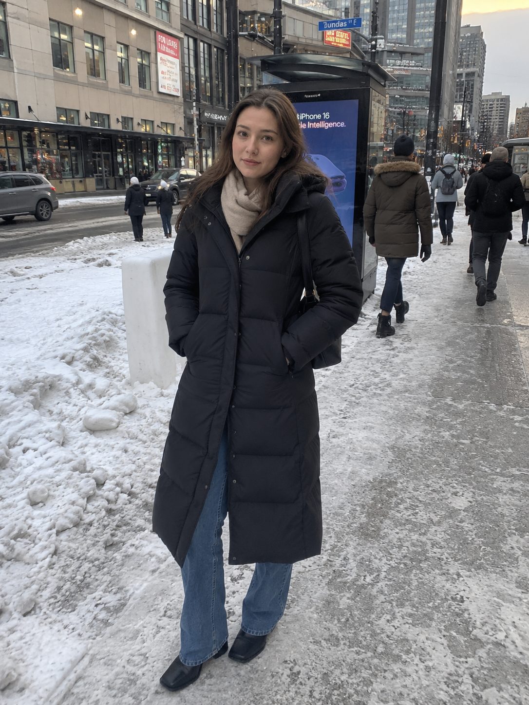 Longline Puffer Coat with Straight Jeans