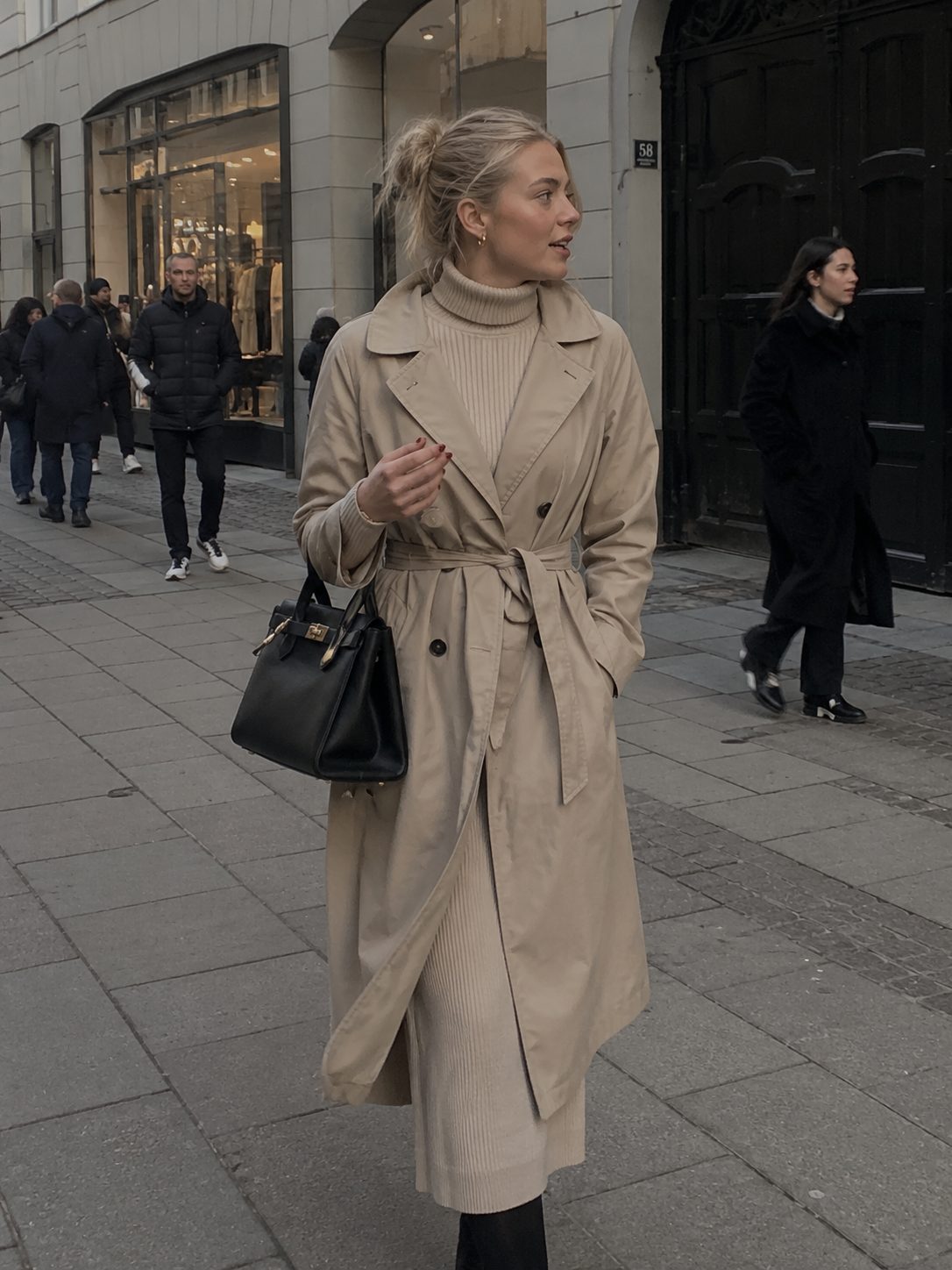 Belted Trench with a Turtleneck Dress