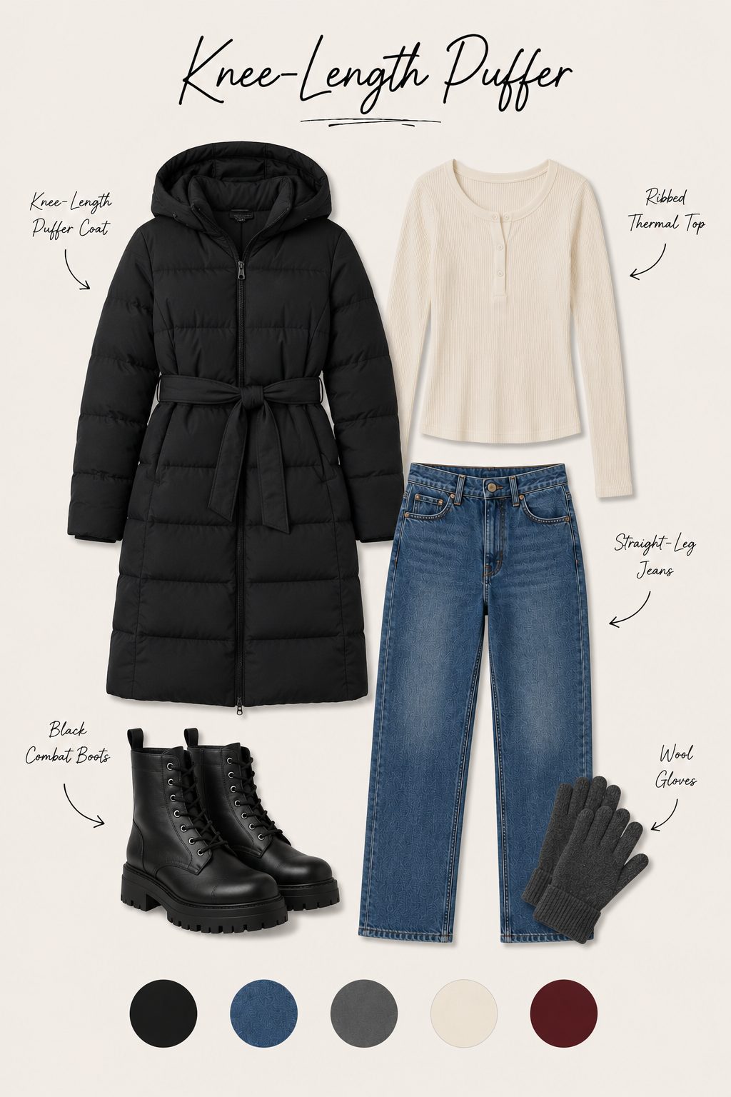Knee-Length Puffer with Combat Boots