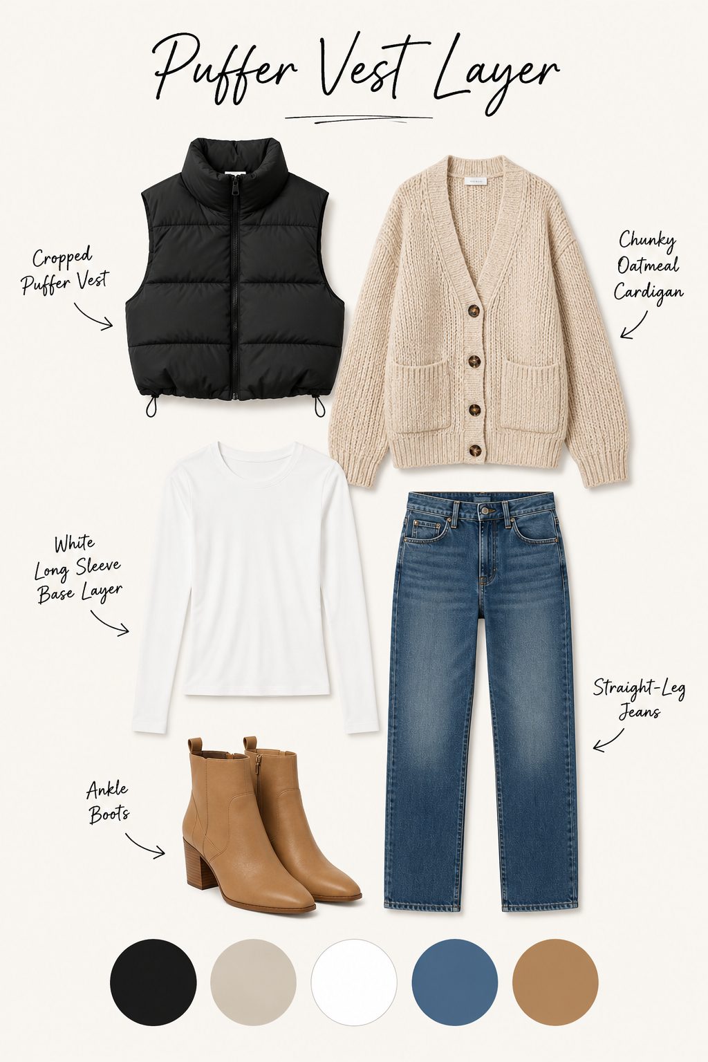 Puffer Vest Over a Chunky Cardigan
