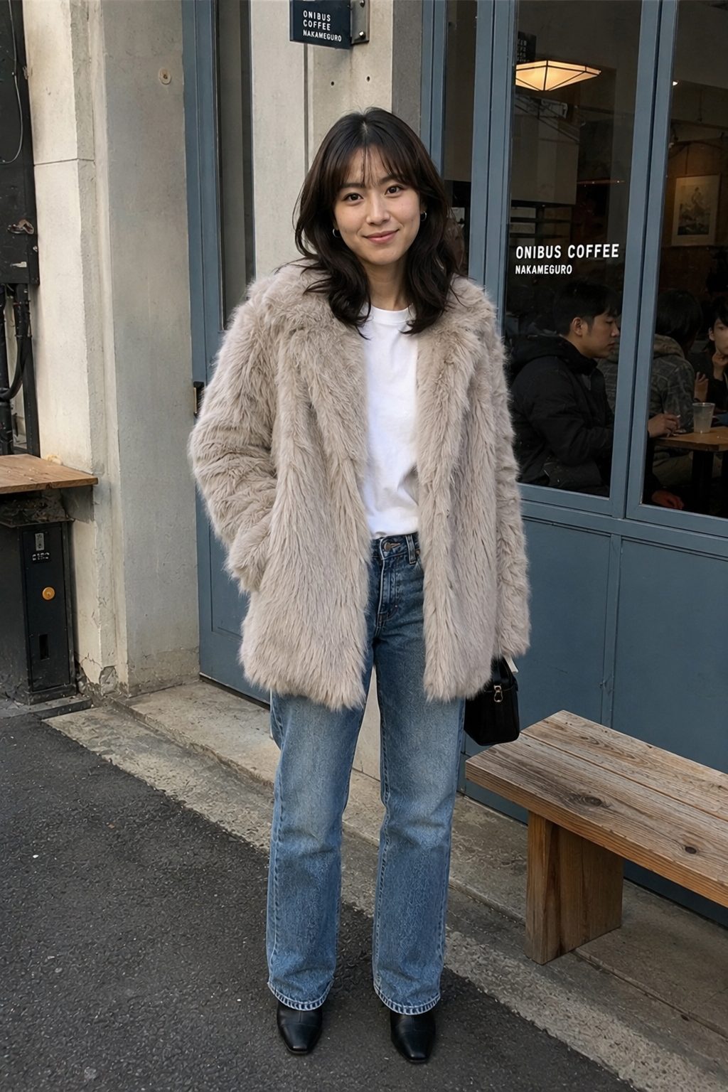 Faux Fur Jacket with Straight Jeans