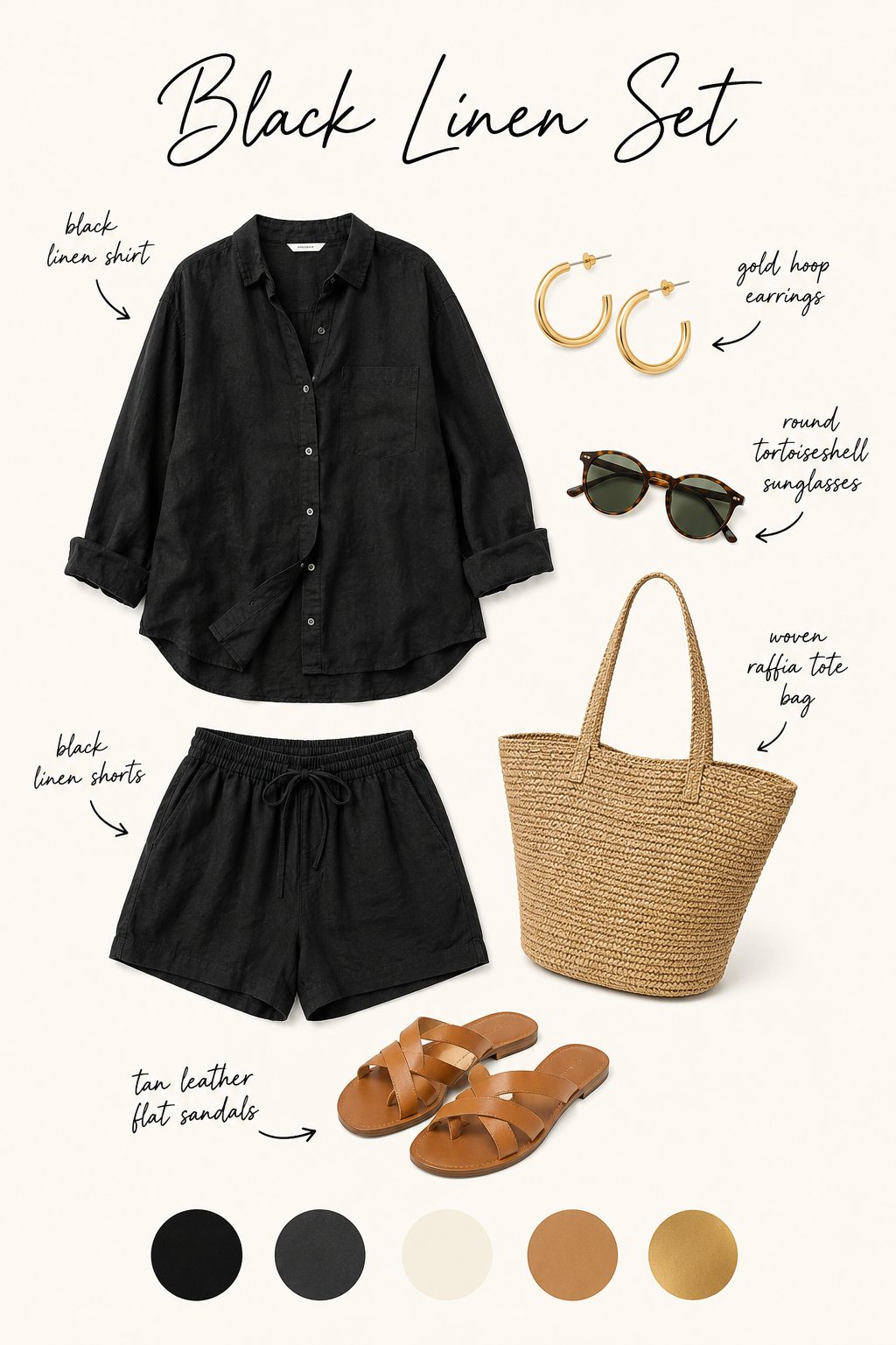 Black linen set outfit collage with shirt, shorts, tan sandals and colour palette