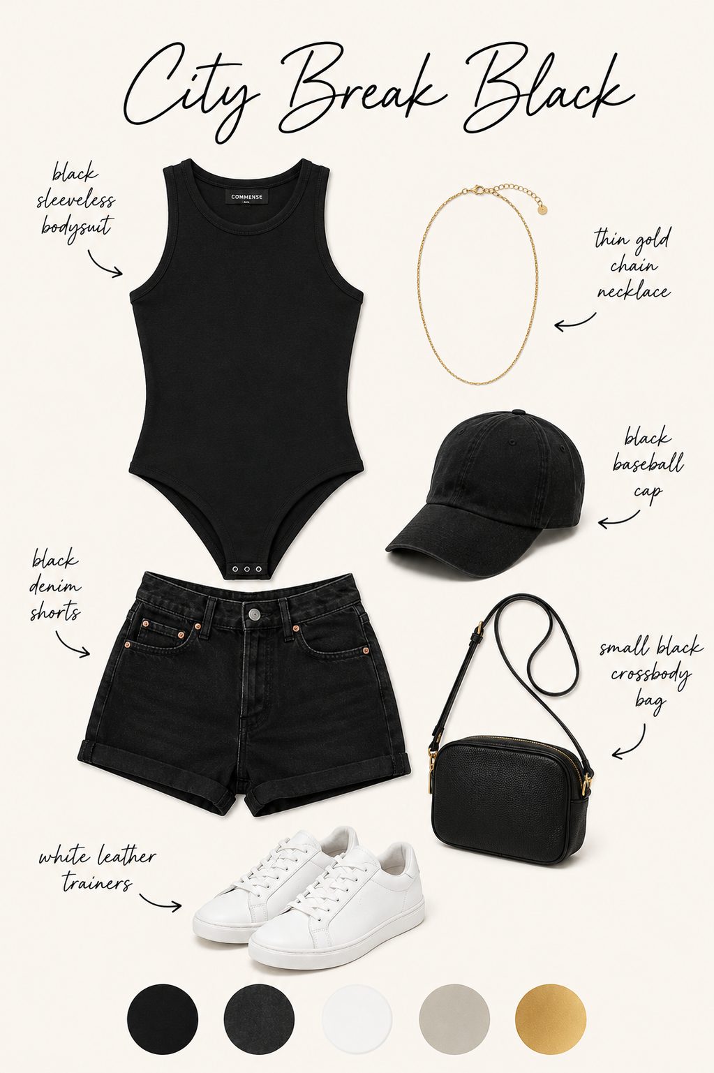 City break black outfit collage with bodysuit, denim shorts, white trainers and colour palette