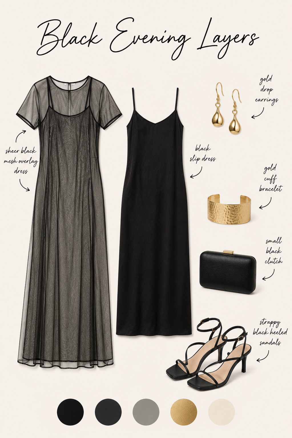 Black evening layers outfit collage with mesh dress, slip, heeled sandals and colour palette