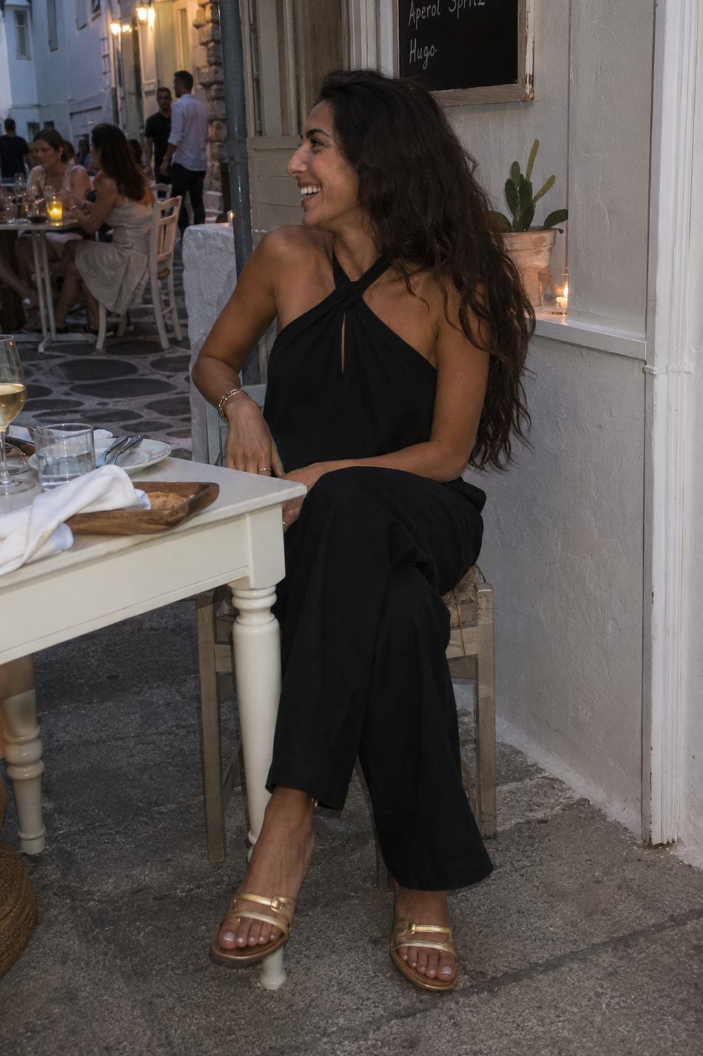 Black Halter Top and Linen Trousers