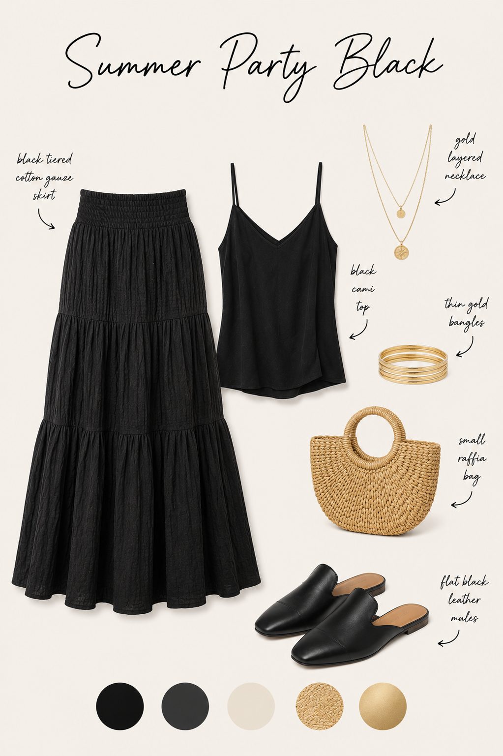Summer party black outfit collage with tiered skirt, camisole, mules and colour palette