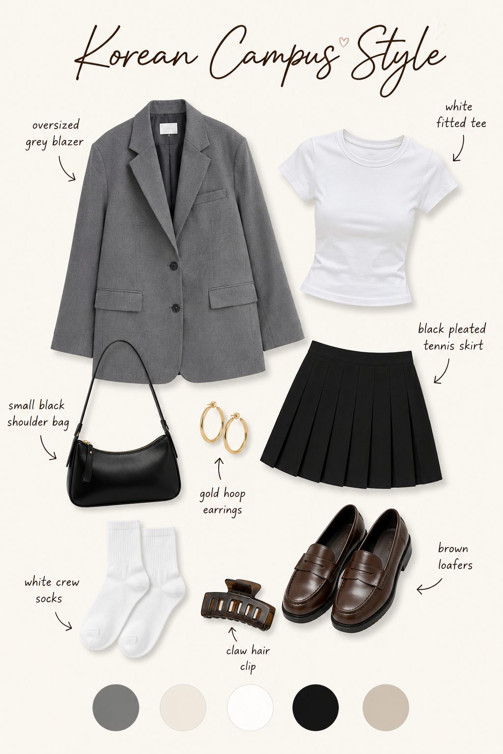 Korean campus style outfit collage with blazer, pleated skirt, loafers and colour palette