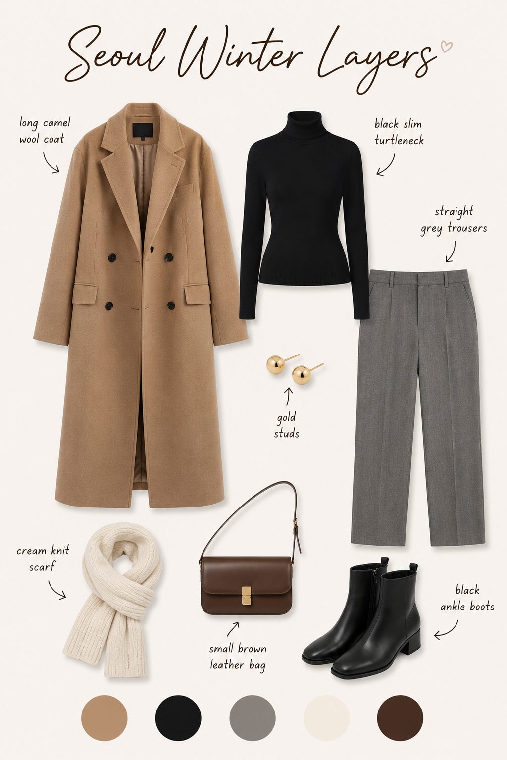 Seoul winter layers outfit collage with camel coat, turtleneck, boots and neutral colour palette