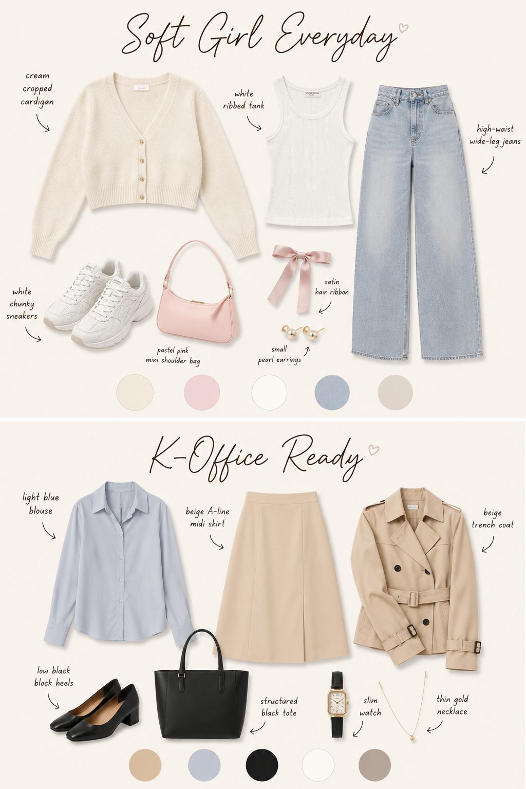 Soft girl everyday outfit collage with cropped cardigan, wide-leg jeans and pastel colour palette