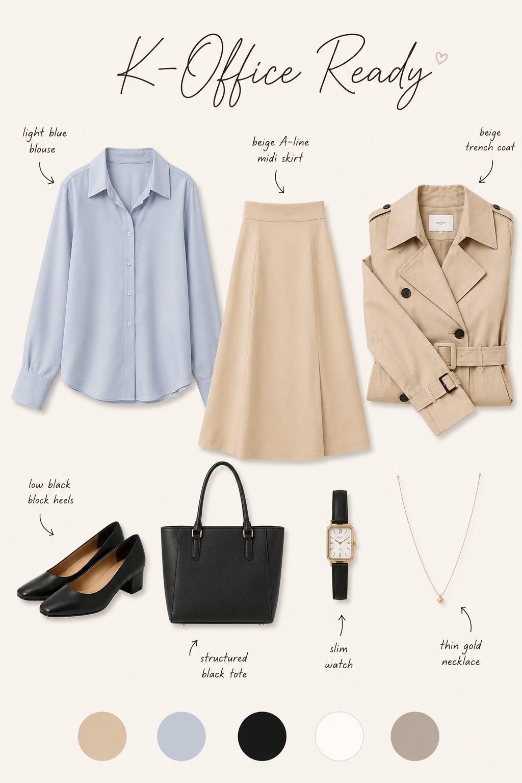 K-office ready outfit collage with blouse, A-line midi skirt, block heels and neutral colour palette