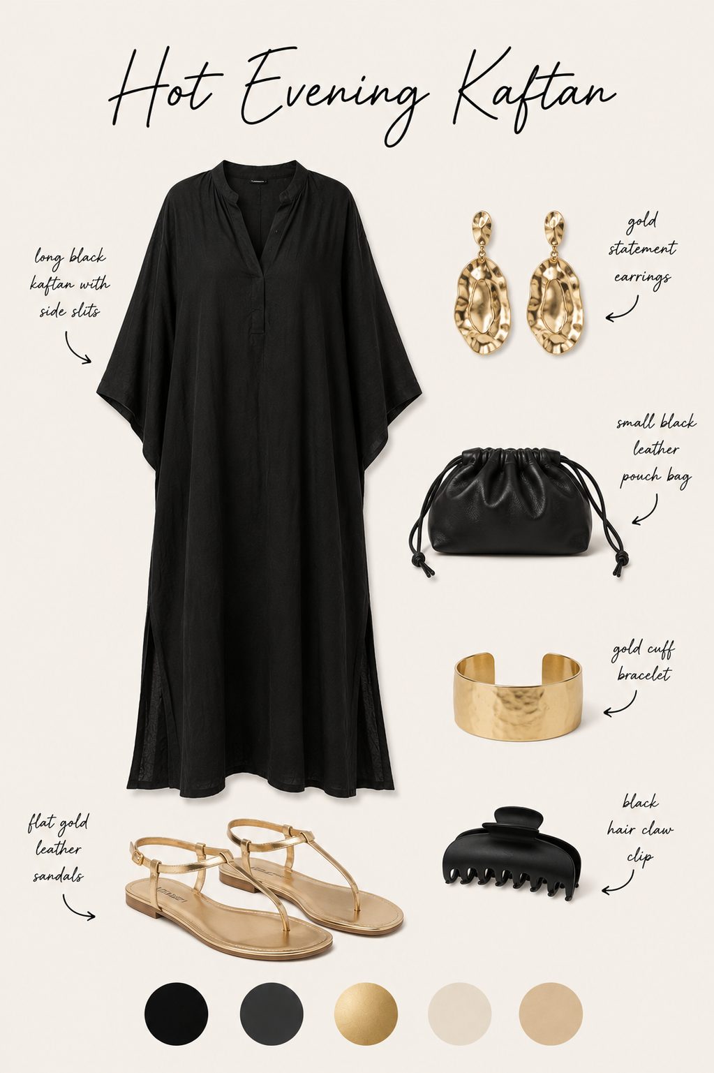 Hot evening kaftan outfit collage with kaftan, gold sandals, earrings and colour palette