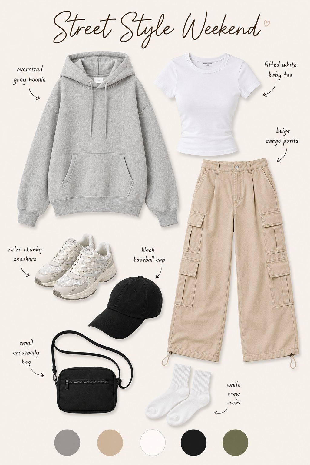 Street style weekend outfit collage with oversized hoodie, cargo pants, sneakers and colour palette