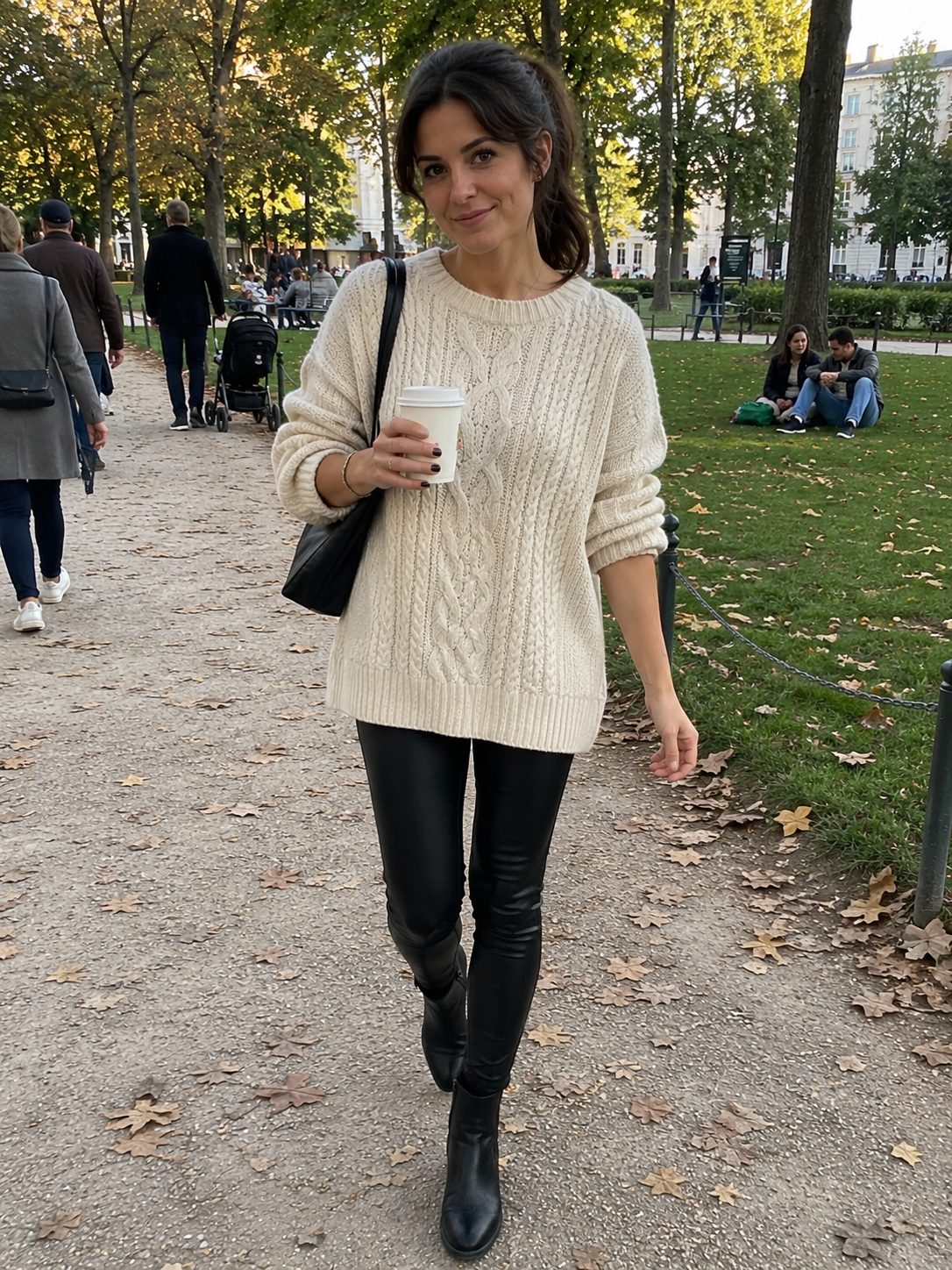 Oversized Cable Knit Sweater With Leather Leggings
