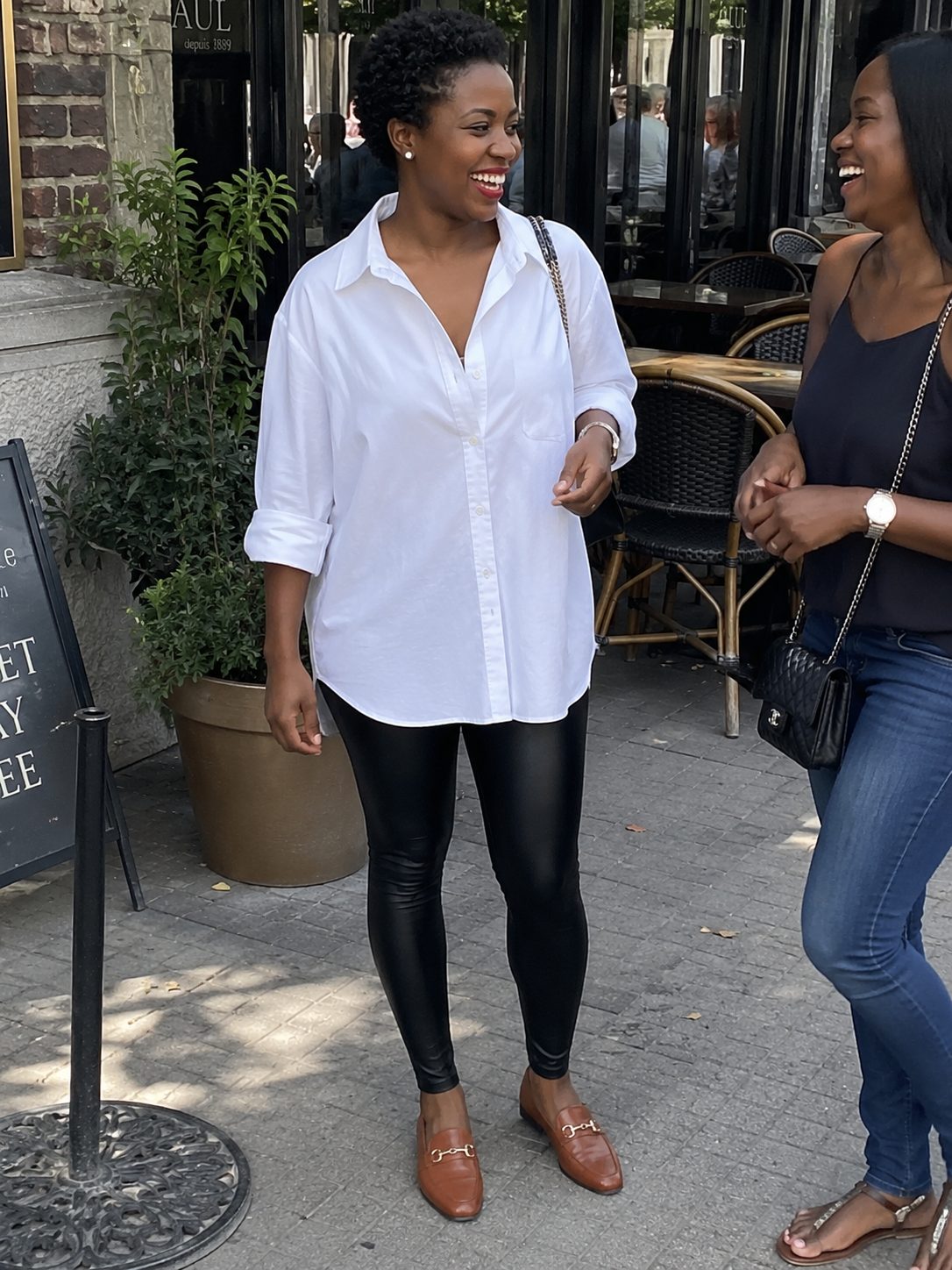 Oversized White Button-Down Shirt With Leather Leggings