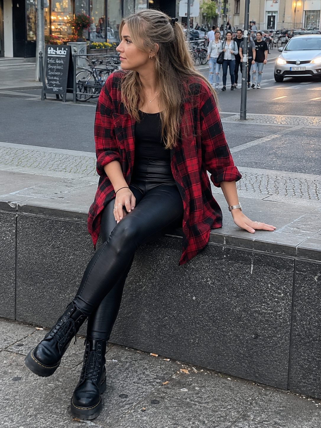 Long Flannel Shirt Worn Open Over Leather Leggings