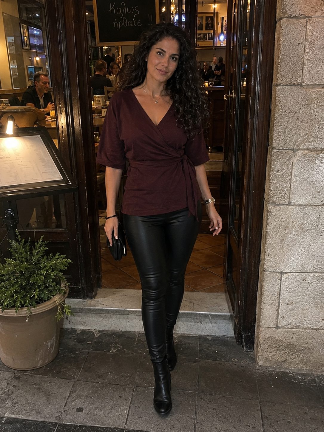 Draped Wrap Top With Leather Leggings