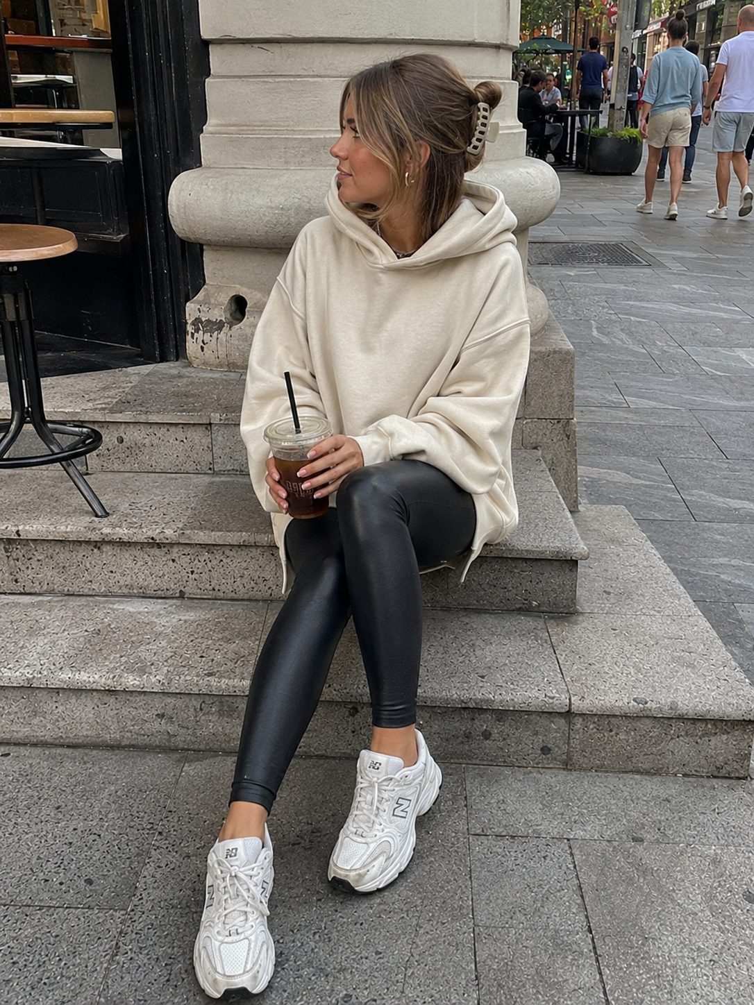 Oversized Hoodie With Leather Leggings and Trainers