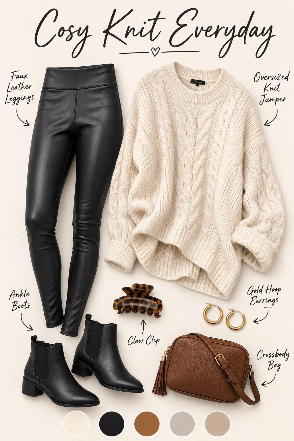 Cosy knit everyday outfit collage with leather leggings, cable knit jumper, ankle boots and colour palette