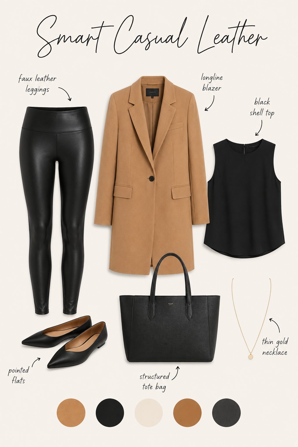 Smart casual outfit collage with leather leggings, camel longline blazer, flats and colour palette