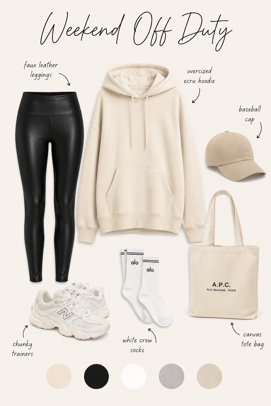 Weekend off duty outfit collage with leather leggings, oversized hoodie, trainers and colour palette